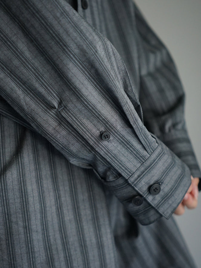 THE HINOKI / Organic Cotton Poplin Stripe Regular Collar Shirt “charcoal stripe”